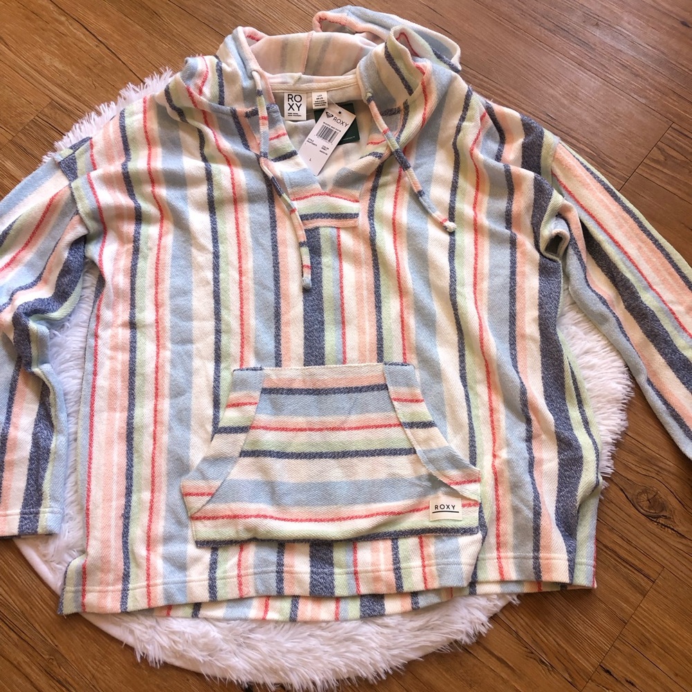 Roxy Boho Pastel Multi-Striped Hooded Pullover Sweatshirt with Pockets - Picture 3 of 10